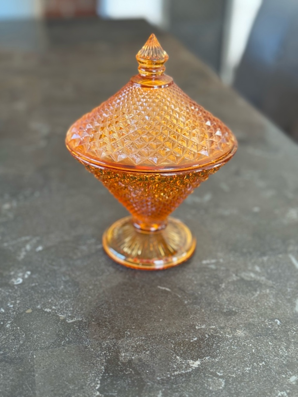 Vintage Amber Pressed Glass Covered Candy Dish